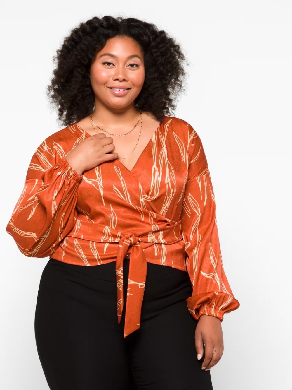 Diarrablu Rust Wrap Blouse with Cream Leaf Print